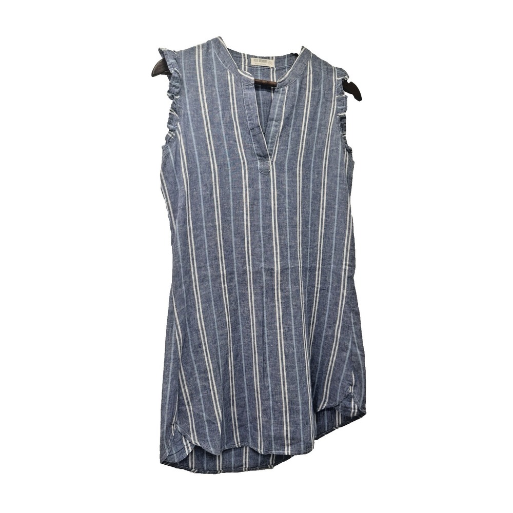 Linen Blend Dress Sleeveless Ruffle blue & White Stripes S cottagecore nautical